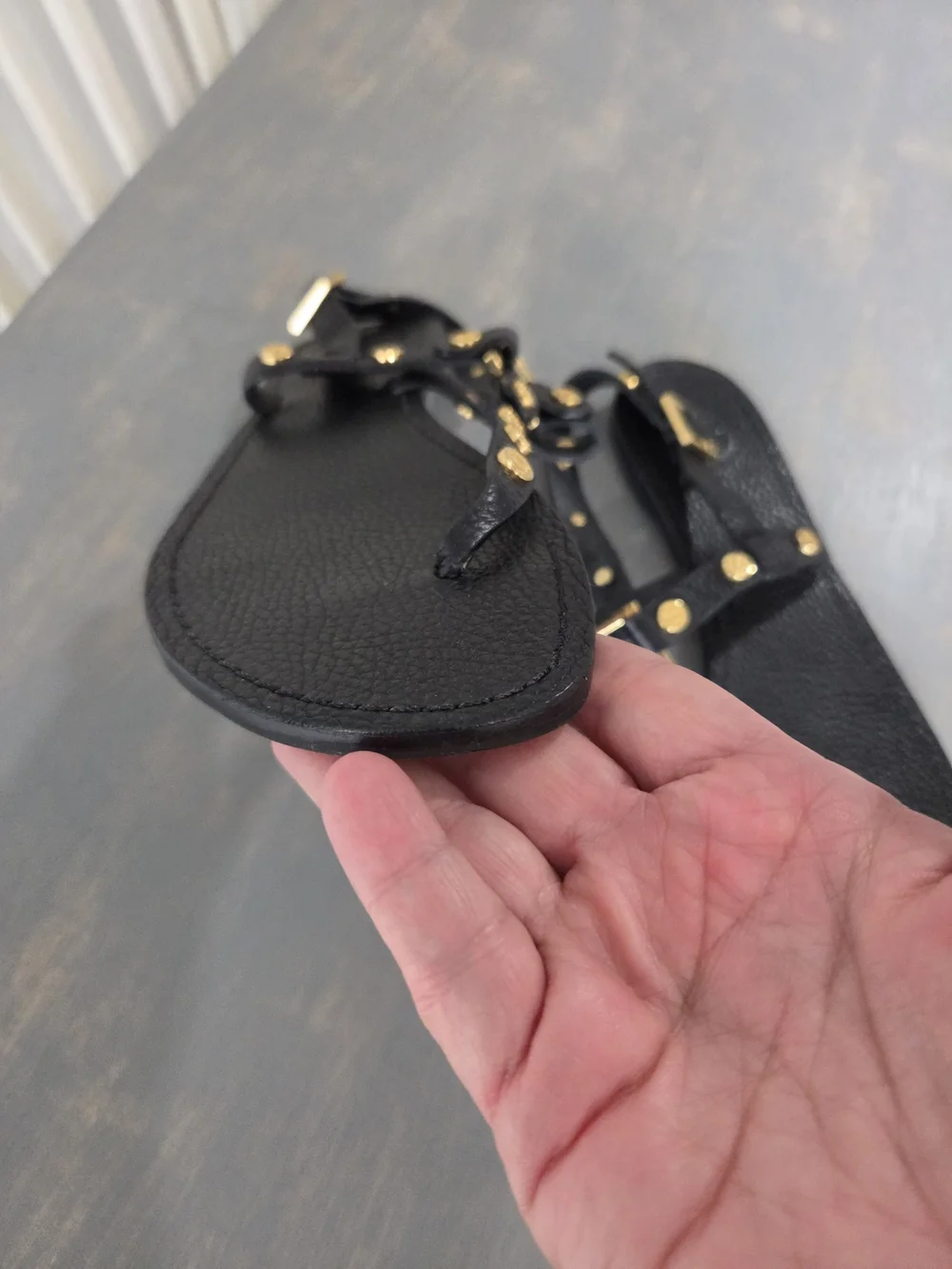 Tory BURCH Black Leather T-Strap Sandals with Gold Studs